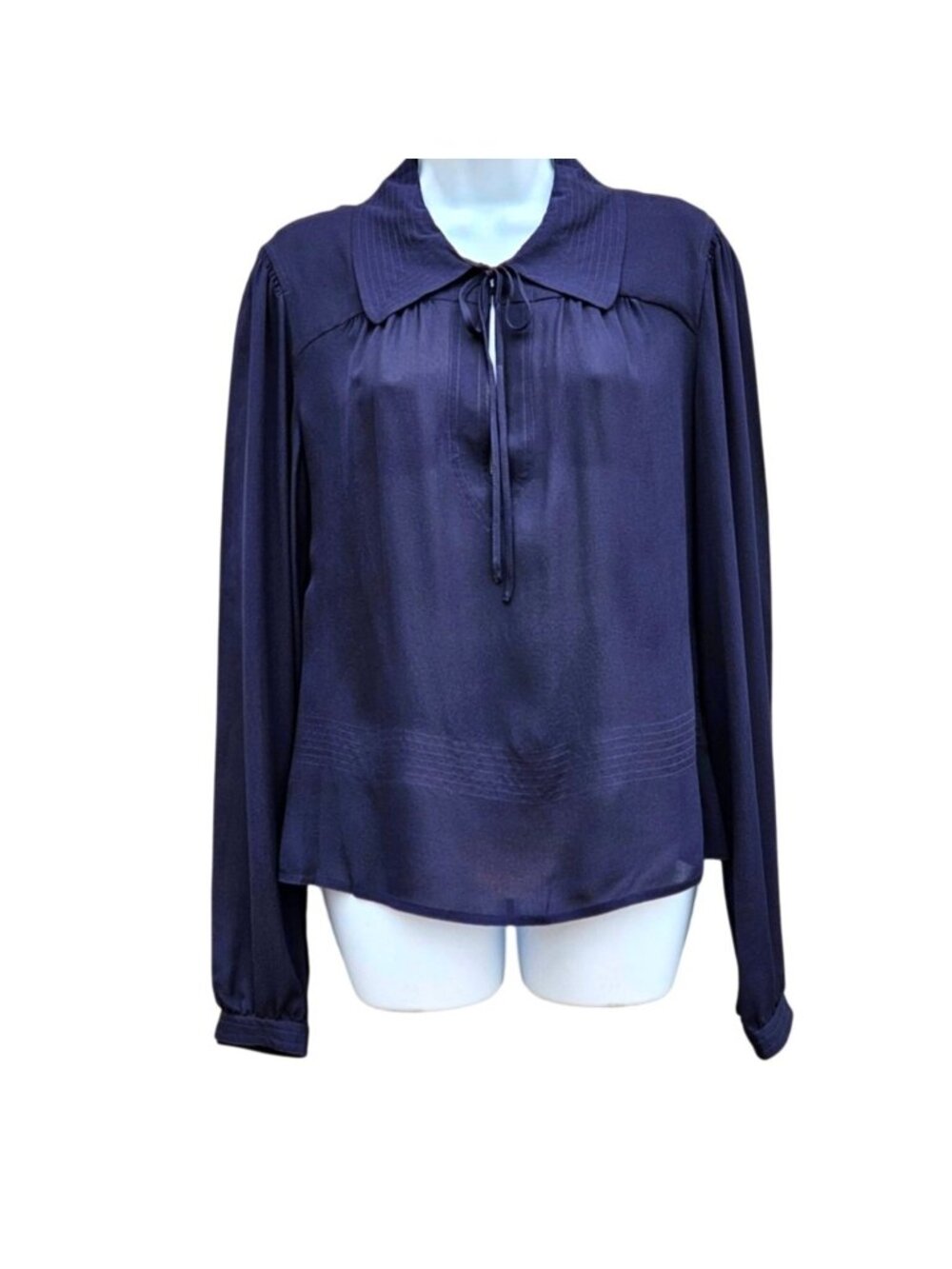 Tory Burch Navy Silk Pullover Blouse V Neck Long Sleeve Size 10
